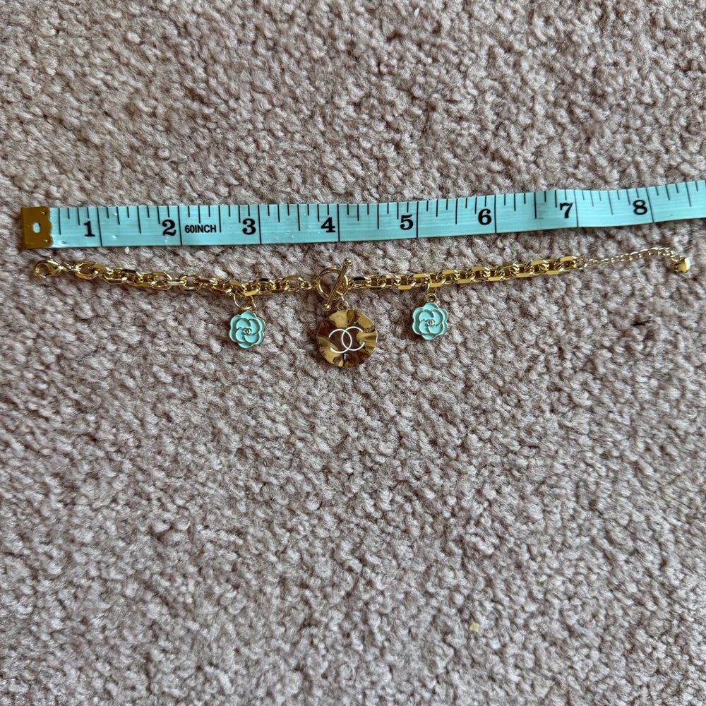 Gold Charm Chain Bracelet with Turquoise Flower Accents